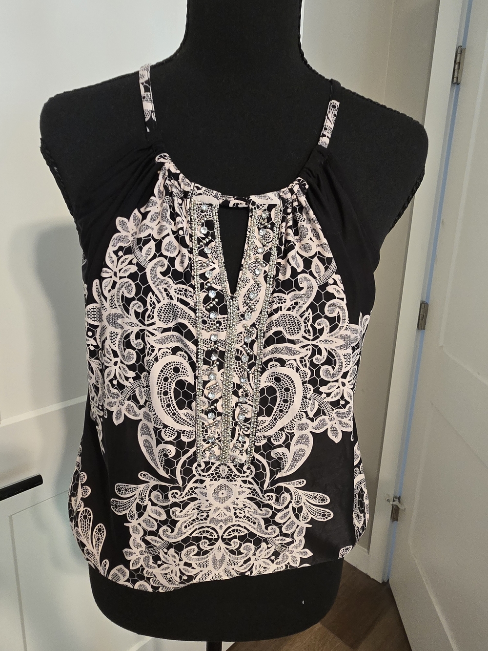 INC International Concepts Petite Rhinestone Embellished Faux Lace Halter Top PM